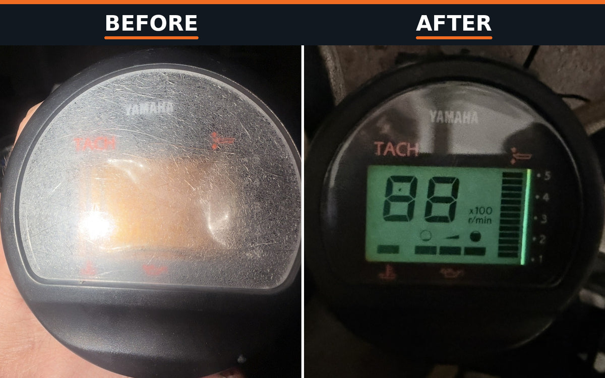Before and after Yamaha 6Y5 tachometer LCD and lens restoration