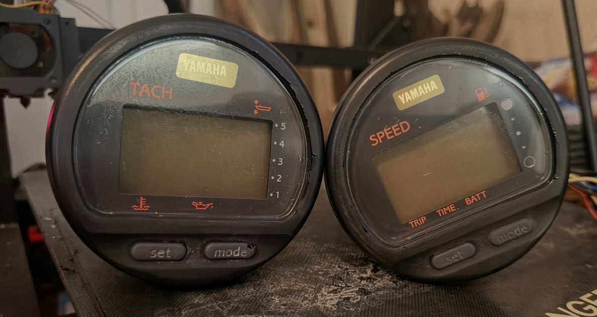 Yamaha 6Y5 tachometer and speedometer pair before LCD restoration