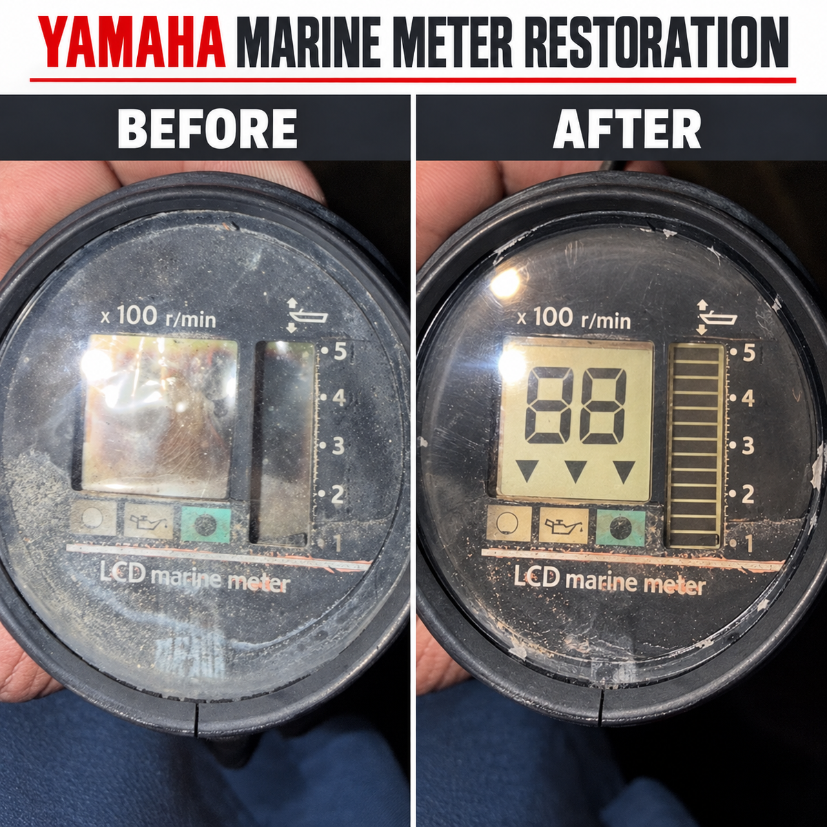 Early Yamaha marine tachometer before and after LCD restoration