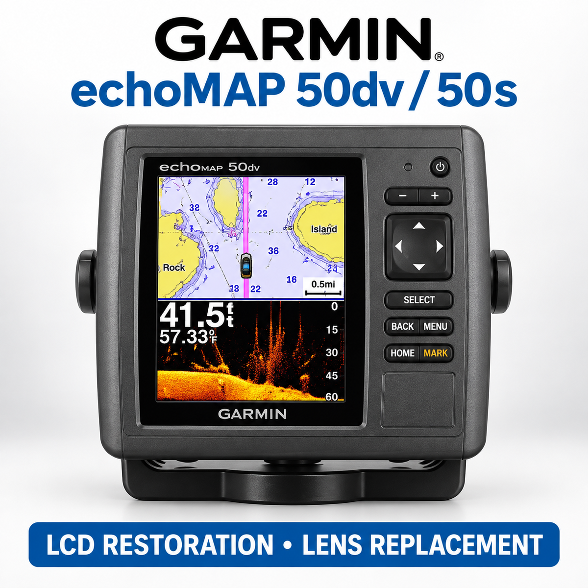 Garmin echoMAP 50dv and 50s LCD restoration and acrylic lens replacement service