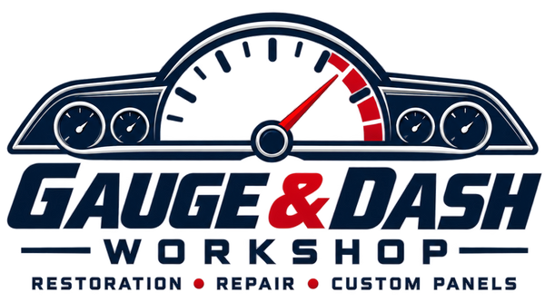 Gauge & Dash Workshop logo featuring a multi-gauge dash panel in navy, silver and red