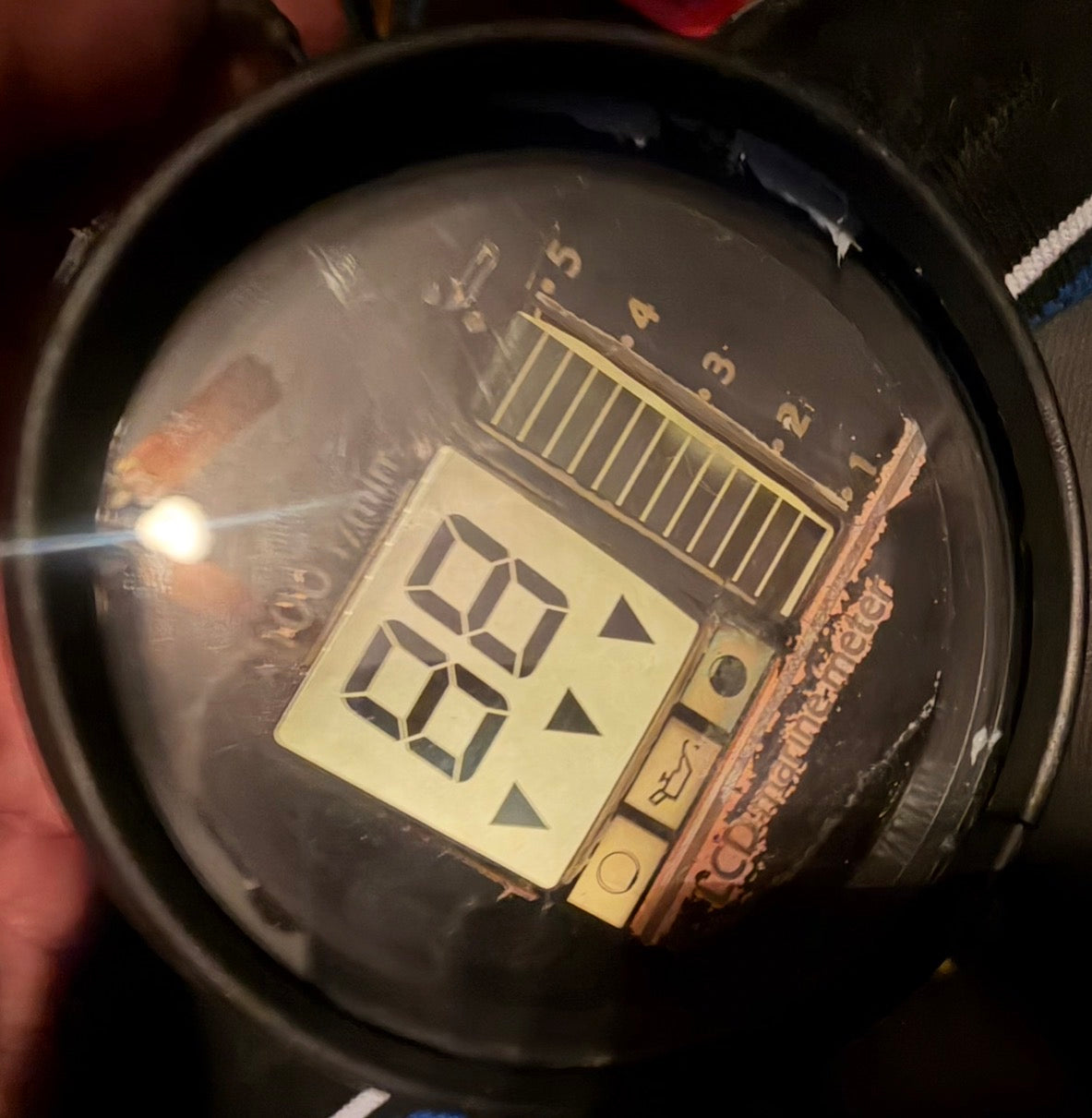 Early Yamaha LCD marine tachometer after restoration with working display